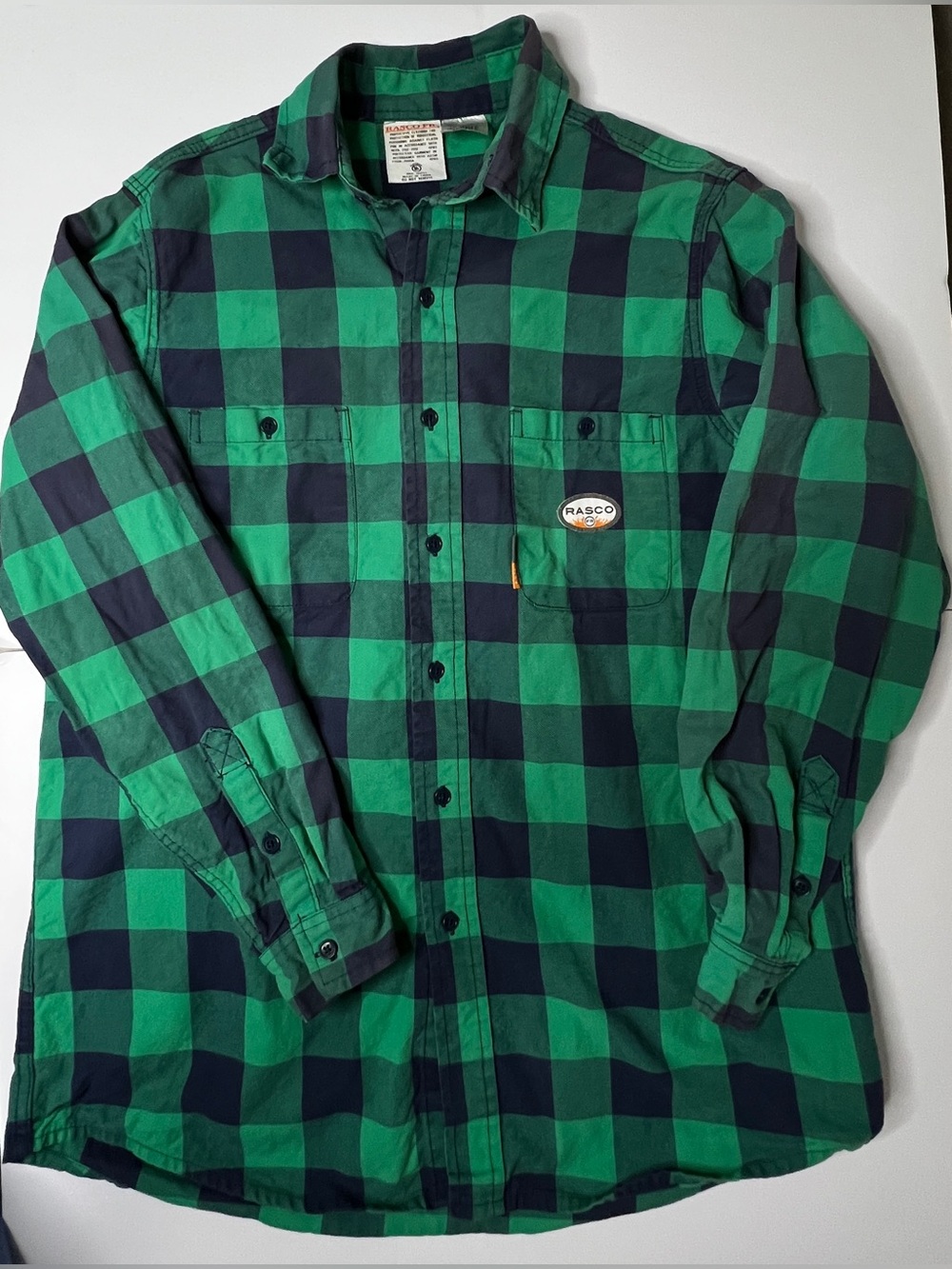 Rasco FR Mens Large Long Green Navy Plaid Flame Resistant Work Shirt Button Up